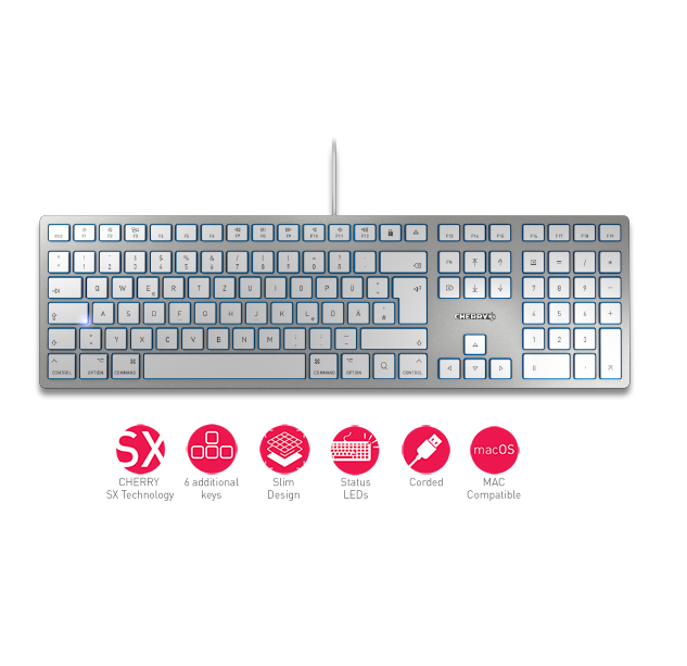 CHERRY KC 6000 Slim For MAC Corded Keyboard 105+6 Buttons USB White/Silver Layout FRENCH