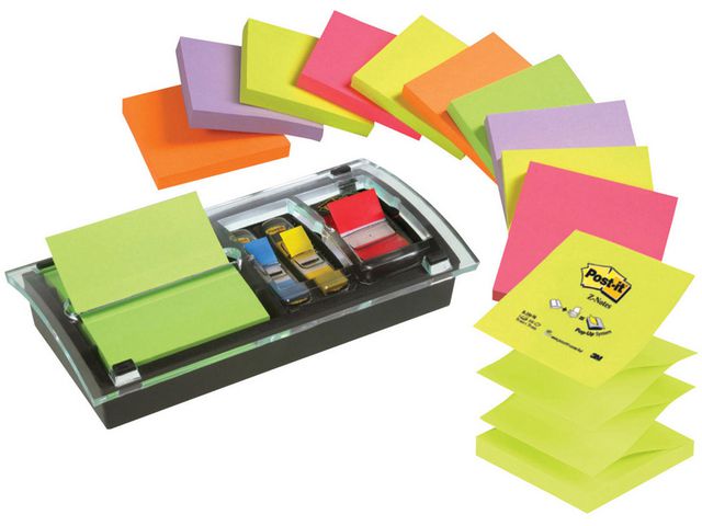 Z-Notes Voordeelpak, 12 blokken ® Z-Notes, 76 x 76 mm, neon kleuren + GRATIS Dispenser zwart/transparant + set van 10 Index Tabs