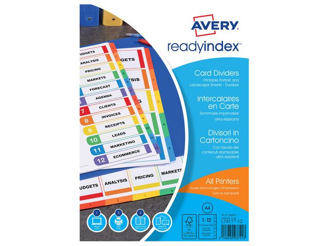 ReadyIndex™, voorbedrukt tabblad, karton, 12-delig, A4, assorti