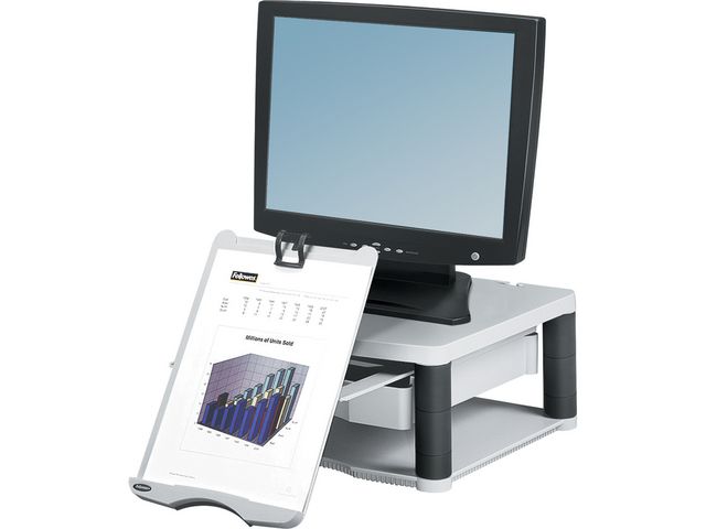Monitorstandaard Premium Plus, grijs, met lade van 5,1 cm en ingebouwde concepthouder