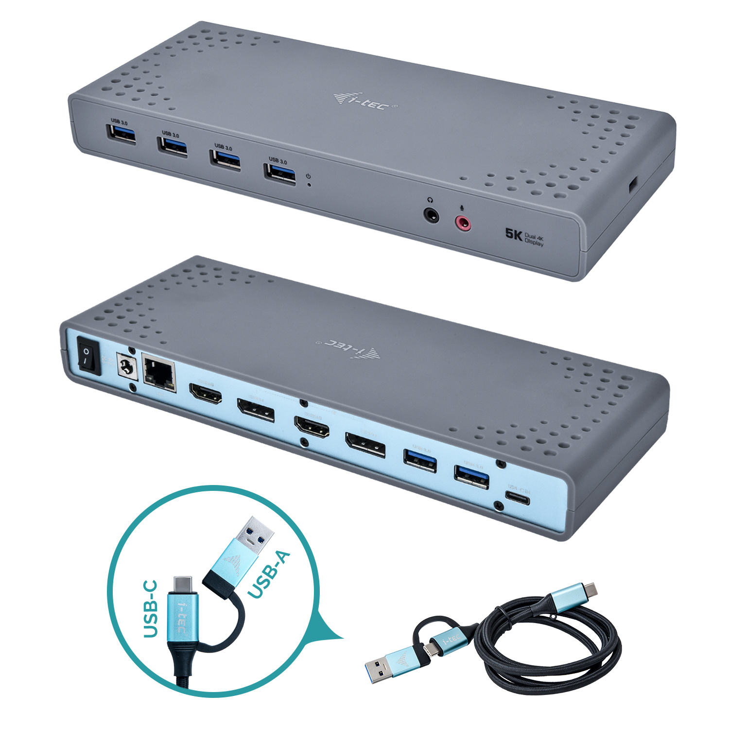  USB 3.0/USB-C Dualdock 1x 5K 2x 4K 60Hz 2x HDMI 2x DP 1x GLAN 6x USB 3.0 1x Audio/Mic Jack Kensington compatible with TB 3
