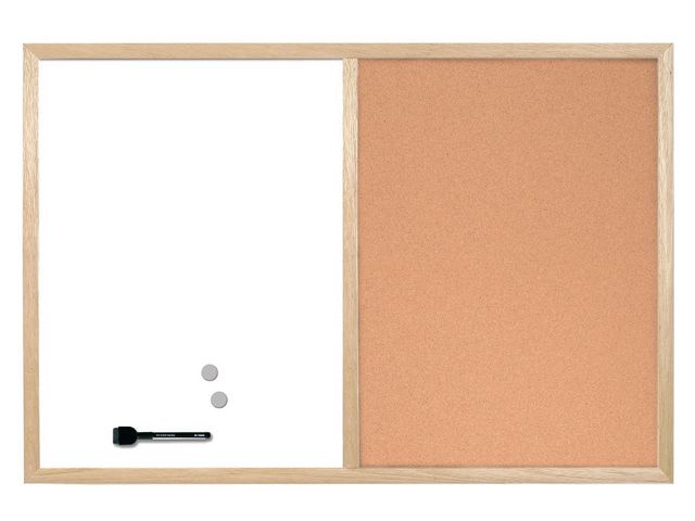 Combinatiebord, Kurkbord, Magnetisch Whiteboard, Gelakt Staal, Houten Frame, 800 x 600 mm