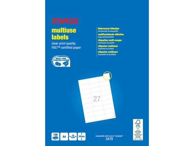 Multifunctionele Etiketten Permanent A4, 70 x 32 mm, 100 vel, 27 Etiketten per vel