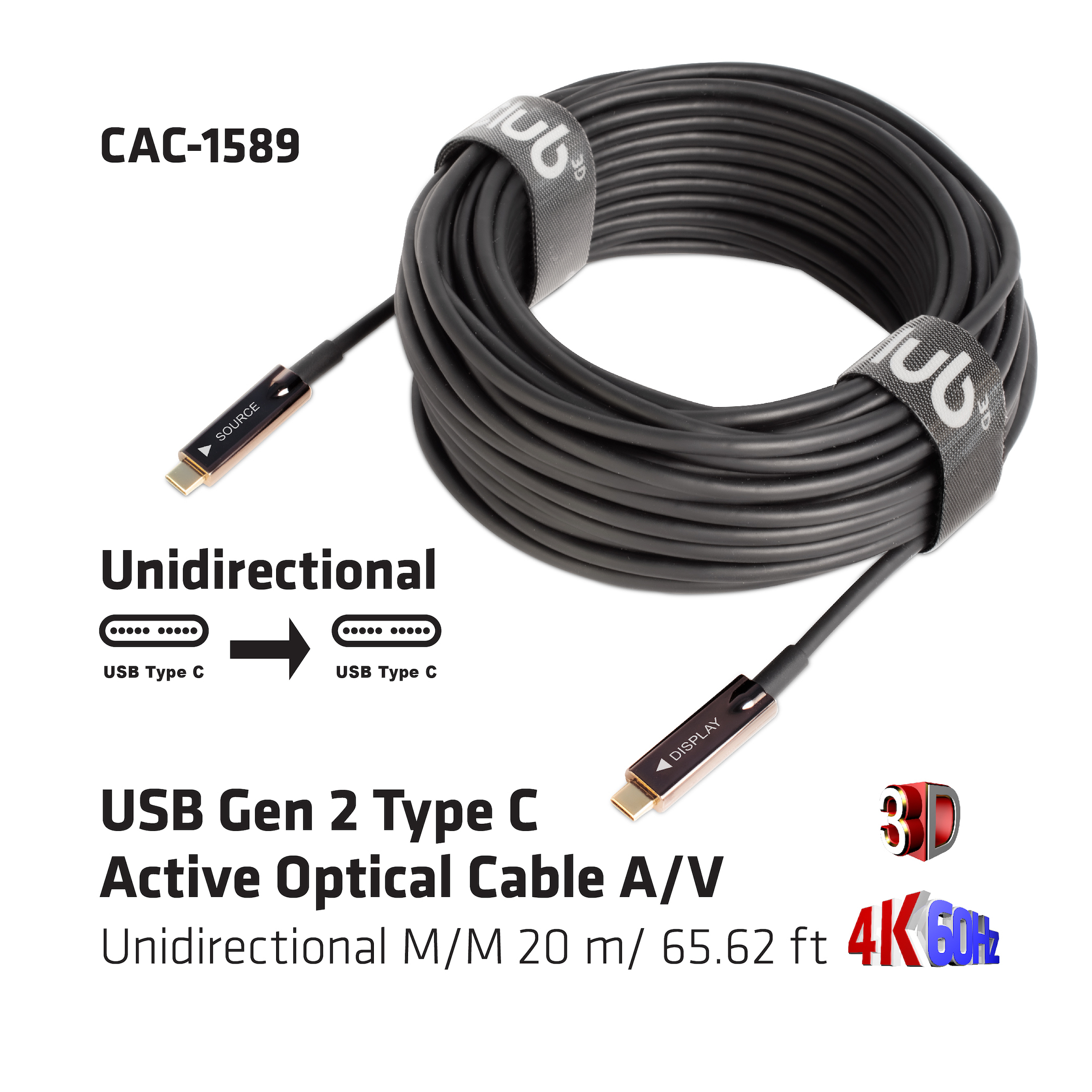 USB 3.2 GEN 2 TYPE-C ACTIVE OPTICAL A/VUNIDIRECTIONAL CABLE MALE/MALE 20 M/ 65.62 FT