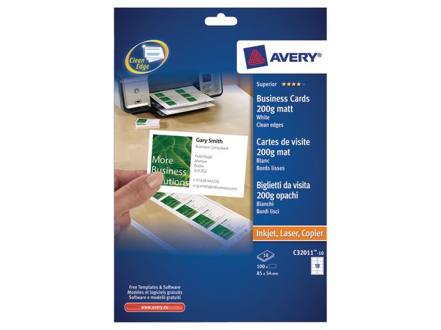 Quick & Clean™ visitekaartje 85 x 54 mm, mat, 200 g/m², C32011, Inkjet/ Laser