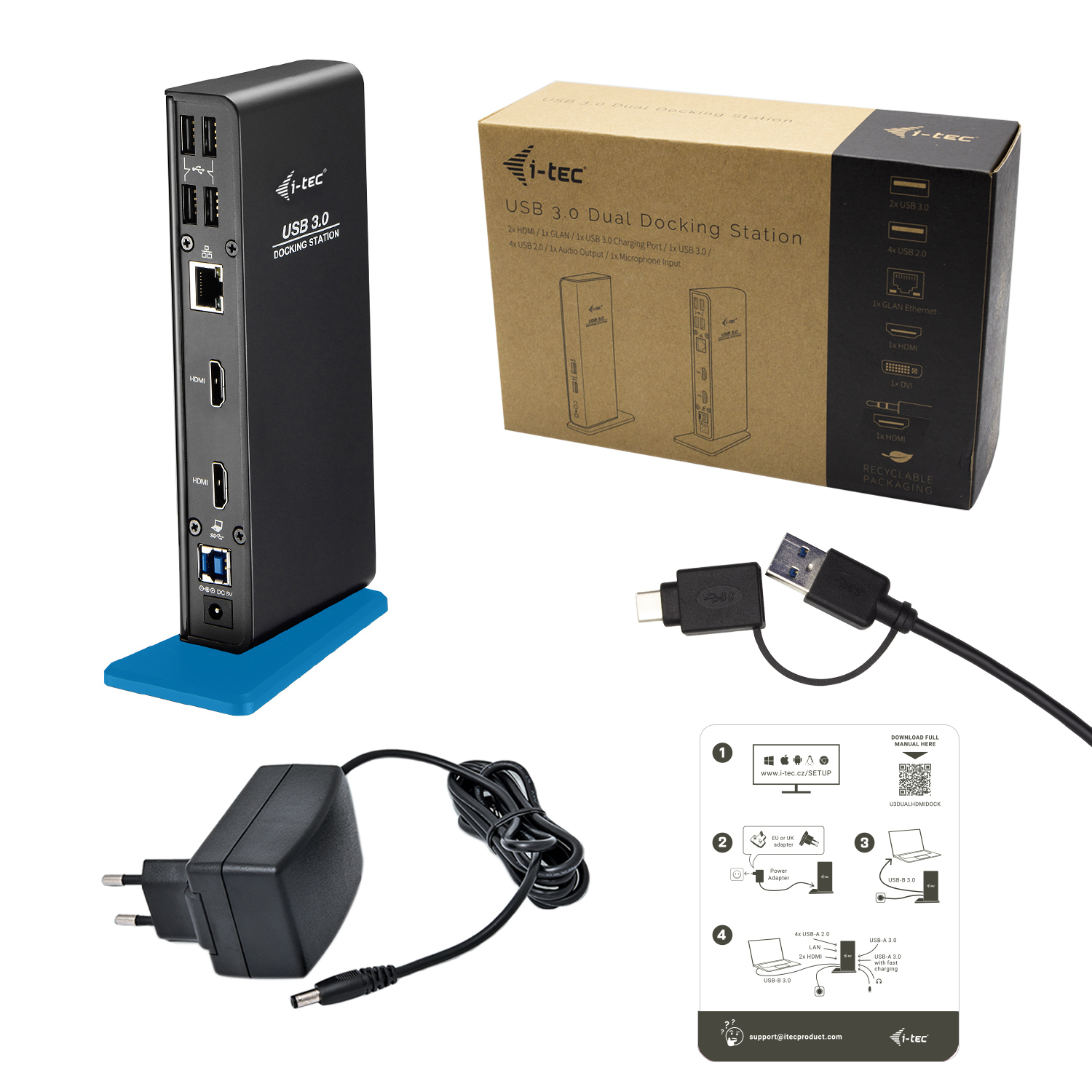 I-TEC USB 3.0/USB-C Dual HDMI Docking Station 2x HDMI 1x GLAN 2x USB 3.0 4x USB 2.0 1x Audio 1x Mic