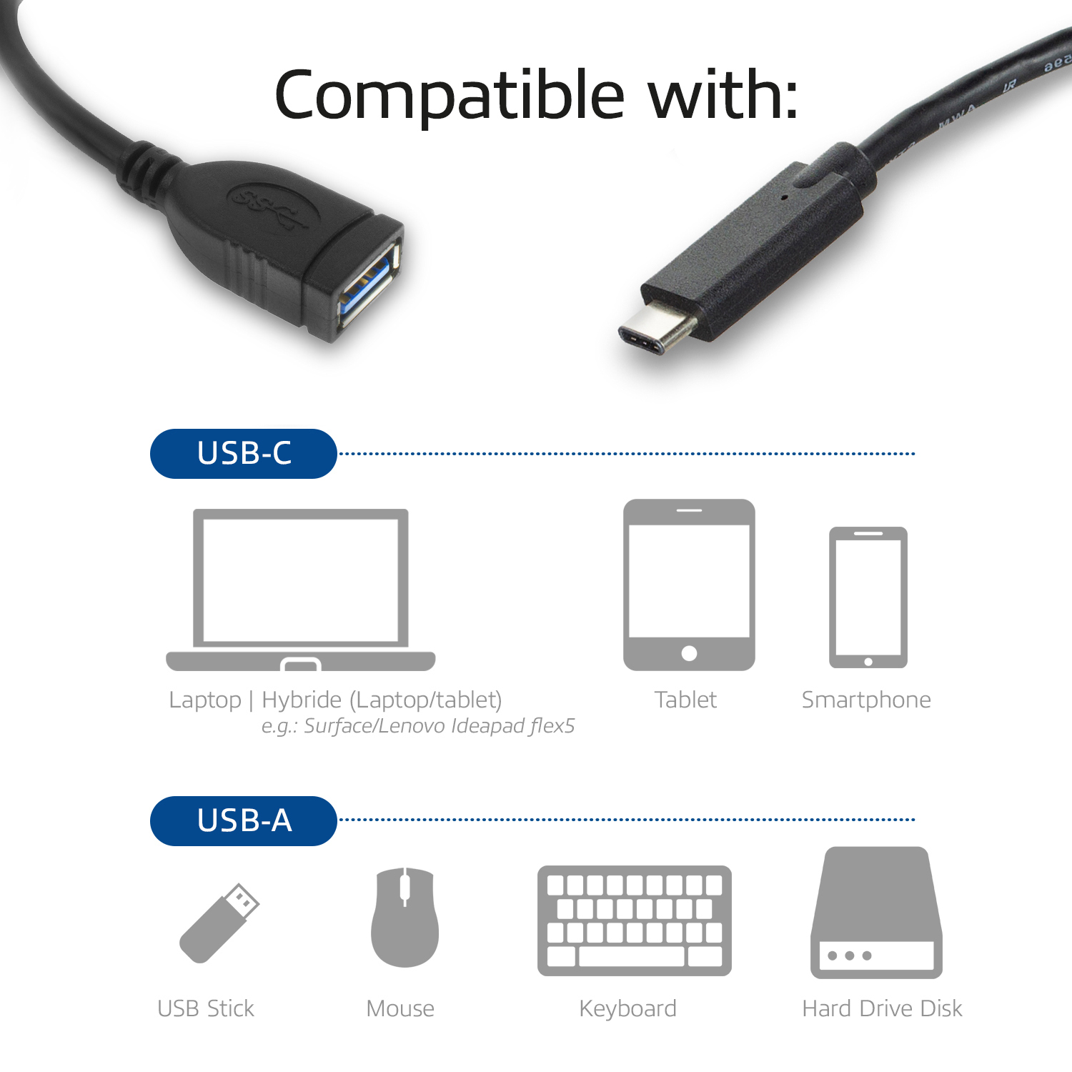 USB-C - Type-A female OTG Cable USB 3.2Gen1 0.2 Meter