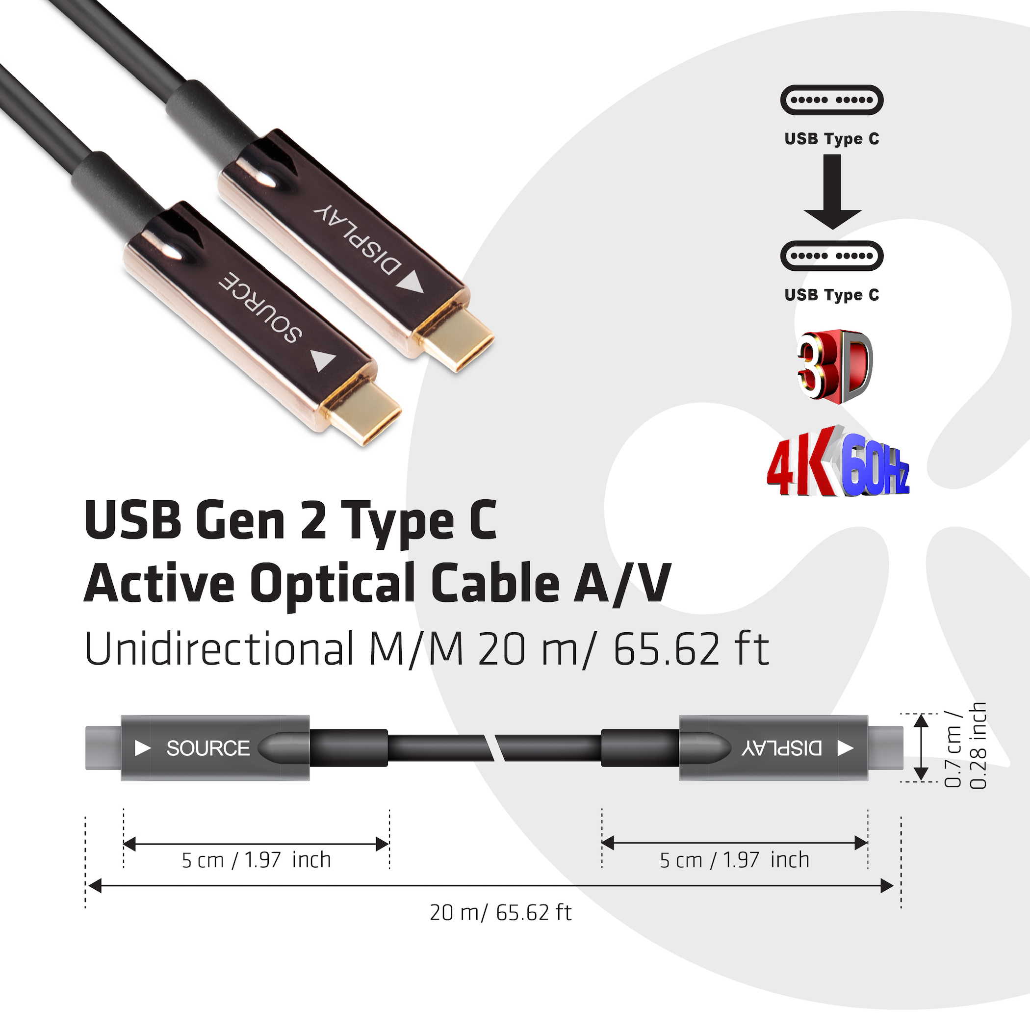 USB 3.2 GEN 2 TYPE-C ACTIVE OPTICAL A/VUNIDIRECTIONAL CABLE MALE/MALE 20 M/ 65.62 FT