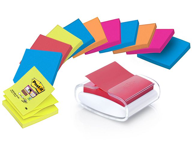 Super Sticky Z-Notes dispenser PRO wit + 12 blokken Post-it Super Sticky Z-Notes Bangkok en Bora Bora kleuren, 76 x 76 mm