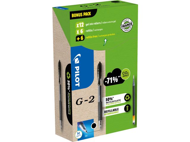 G-2 Gelpen Rolschrijver, Greenpack 12 Pennen en 12 Navullingen, Medium Punt 0.7 mm, Zwart