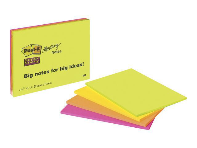 Super Sticky Meeting Notes, 200 x 149 mm, Neon kleuren