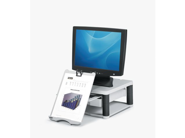 Monitorstandaard Premium Plus, grijs, met lade van 5,1 cm en ingebouwde concepthouder
