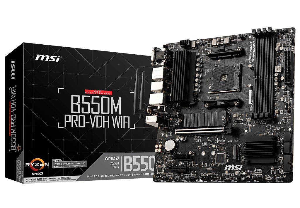  B550M PRO-VDH WIFI ATX MB AMD AM4 DDR4 up to 128GB 1xPCIe 3.0 x16 slot 4xSATA 6Gb/s 1xM.2 slot